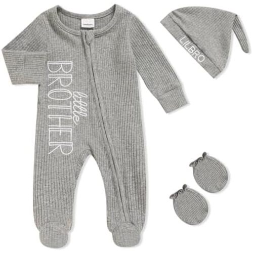 Newborn Baby Boy Outfits Zippered Romper Letter Embroidered Coming Home Jumpsuit with Hat Mittens