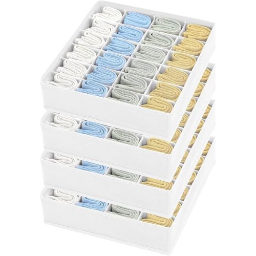 Sock Organizer 4 Pack, 24 Cell Foldable Underwear & Sock Storage, Drawer Organizer for Ties, Belts. (White)