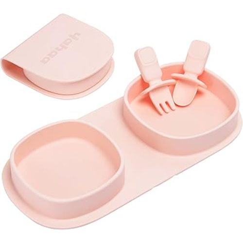 Toddler Plates Travel Essential on the go,Baby Plates with Forks and Spoons Self Feeding 6 months,Foldable,Silicone,BPA Free,Blush