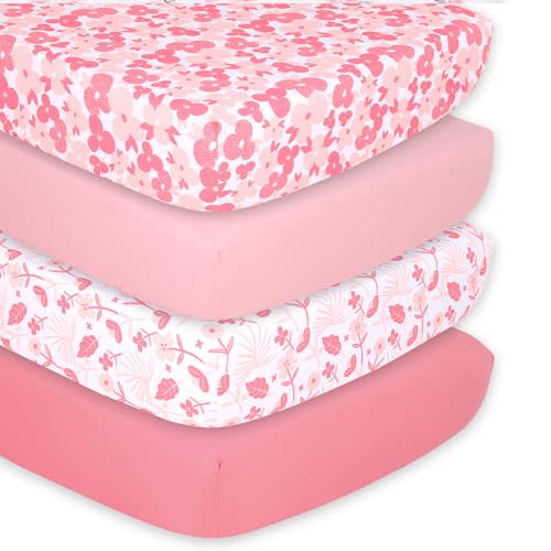 The Peanutshell Crib Sheets for Girls, Fitted Baby Bed Sheet Set, Standard Size Crib Mattress, 52x28, Floral Daisy Nursery Decor, 4 Pack in Floral, Solid Pink, Peach, Rose, Coral Watercolor