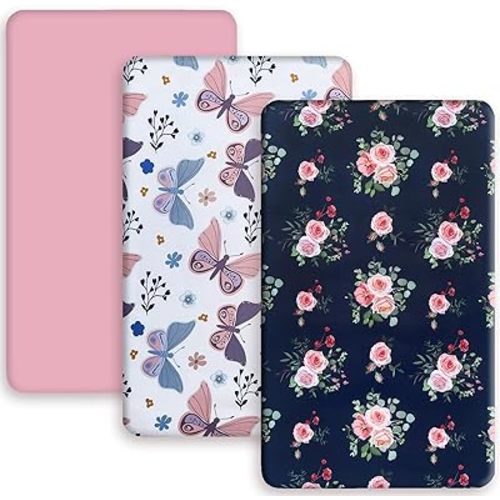 AMROSE 3 Pack Heavenly Soft Mini Crib Sheets, Microfiber Pack N Play Sheets Set for Baby Girls, Silk Touch Gentle, Fitted for Playard Portable Crib Mattress, Floral & Butterfly