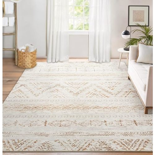 Area Rug Living Room Carpet: 5x7 Large Moroccan Soft Fluffy Geometric Washable Bedroom Rugs Dining Room Home Office Nursery Low Pile Decor Under Kitchen Table Light Brown/Ivory