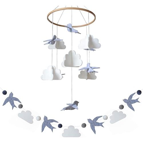 Baby Crib Mobile - Birds in The Clouds w/Garland - Nursery Decor for Boys & Girls