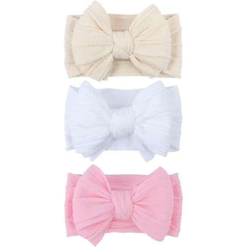 LemonSpace Handmade Baby Girls Headbands Soft Stretchy Nylon Hair Bands Hair Accessories with Bows for Newborn Baby Girls Infant Toddlers Kids (Light Pink White Light Beige)
