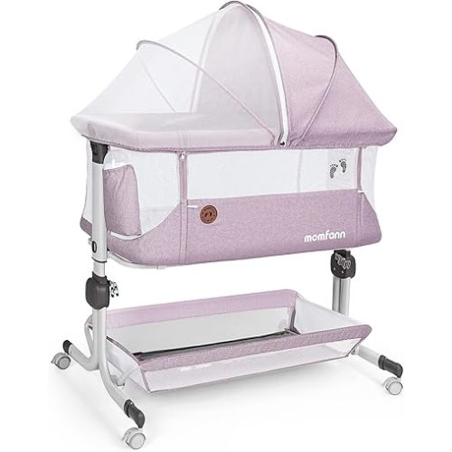 Baby Bassinet Bedside Sleeper, 3-in-1 Rocking Baby Bassinet Bedside, Adjustable Portable Crib Height with Wheels Storage Basket and Mesh Sides for Girl/boy Newborn Infant,Pinkish Purple
