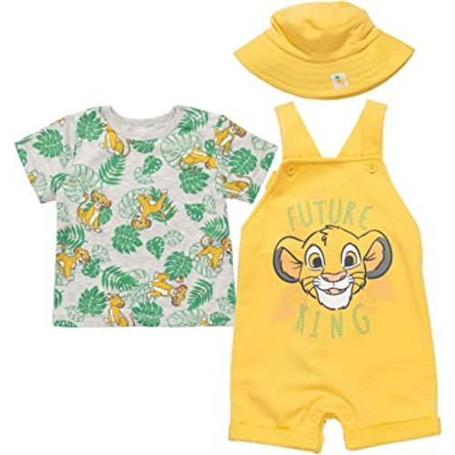 Disney Junior Baby French Terry Short Overalls, T-Shirt and Hat 3 Piece Outfit Set Newborn to Infant Sizes (OS - 24 Months)