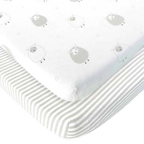 Cotton Jersey Bedside Sleeper Fitted Sheets, 2 Pack – Stripes & Lamb
 – Joey + Joan | Baby Essentials
