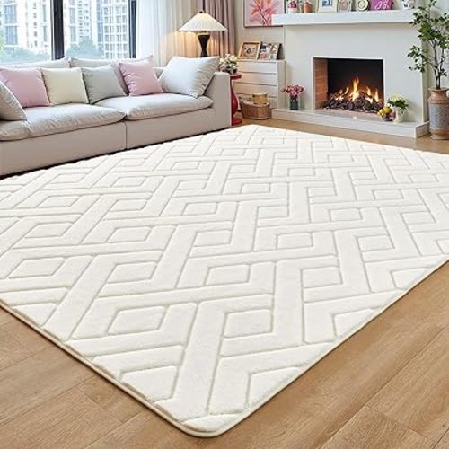 5x7 Cream Washable Area Rug for Bedroom Living Room, Modern Geometric Shag Non-Slip Rugs, Fluffy Plush Soft Memory Foam Carpet for Kids Girls Room Nursery Decor