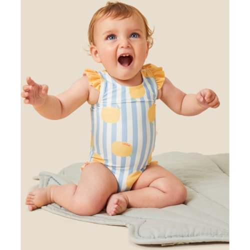 Lemon and Blue Stripe Frill Swimsuit - MORI | Maisonette