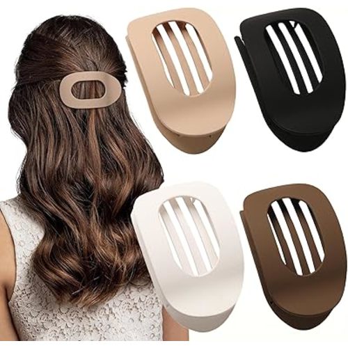4 PCS Flat Hair Clips, Round Lay Down Hair Claw Clips for Women Girls, French Strong Hold Hair Barrettes for Thick Thin Hair,Comfortable Curved Flat Clips for Lying,Driving and More (Neutral Matte)