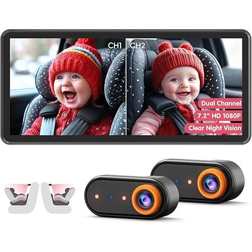 Baby Car Camera for 2 Kids, Dual Channel with 7.2" 1080P Crystal Clear Display, Easily Install Car Seat Camera with 2 IR Night Vision Cameras, Safety Car Baby Camera for Rear Facing
