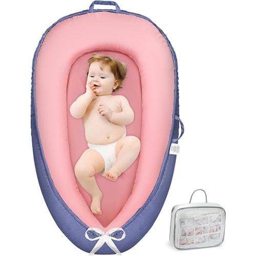 Baby Lounger - Infant Lounger for Newborn 0-24 Months, Pure Cotton Breathable Baby Nest Cover, Newborn Essentials for Baby Boys&Girls, Portable Baby Bed for Home and Travel,Pink