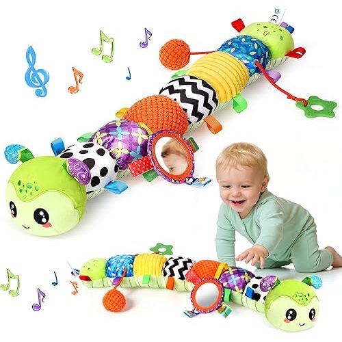 Baby Sensory Toys for 0-6 6-12 Months, Musical Stuffed Caterpillar Animal Toys for Infant 3 6 9 12 18 Months, Tummy Time Toys with Mirror Rattle Crinkle for Newborn Boys Girls Shower Gifts