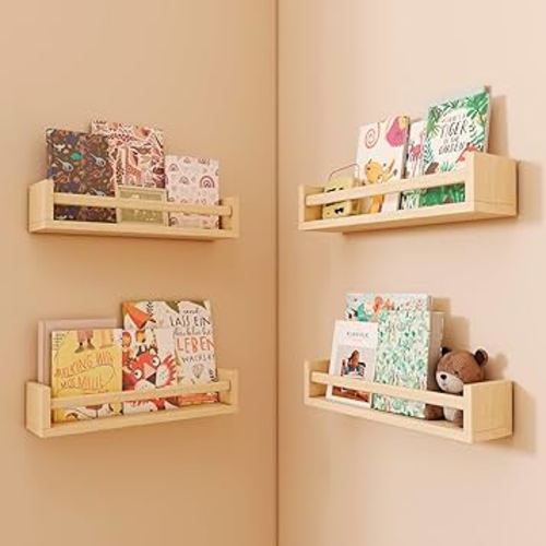 CRAZYMOTO Floating Nursery Book Shelves for Wall Set of 4, Bookshelf for Kids Room, Small Wood Book Shelf Wall Mounted for Baby Teen Boys Girls Bedoom Bathroom Toy and Decor Storage