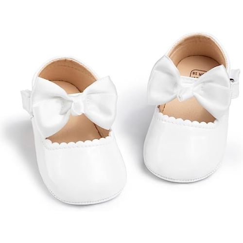 Oamico Infant Baby Girls Mary Jane Flats Non Slip Rubber Sole with Bownot Toddler First Walkers Princess Wedding Dress Shoes