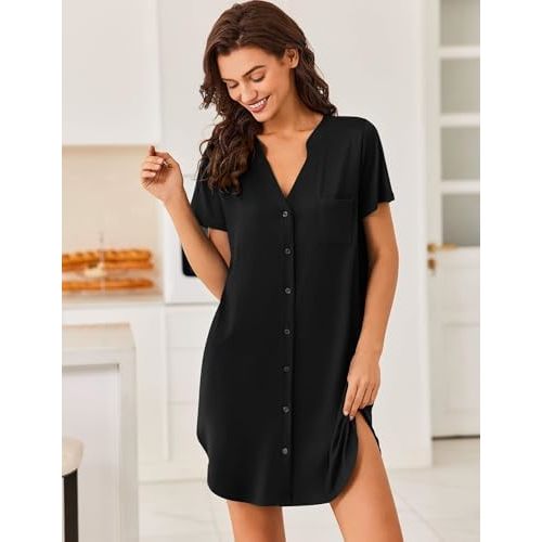 Ekouaer Women V Neck Button Down Nightgown