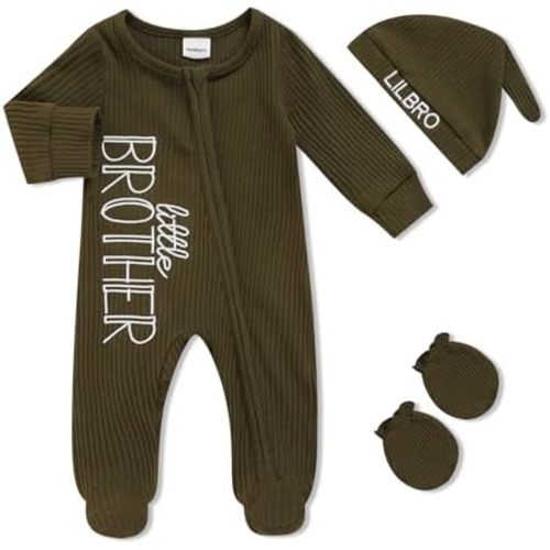 Newborn Baby Boy Fall Winter Outfits Zippered Romper Letter Embroidered Coming Home Jumpsuit with Hat Mittens