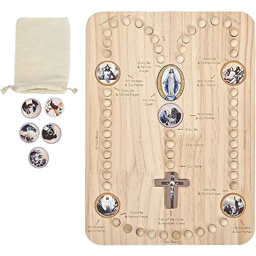 RERUICO Wooden Rosary Board with 54 Rosary & 22 Mysteries Prayer Cards Montessori Educational Toy Catholic Rosary for Kids to Learn Pray