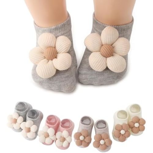 Flower Baby Girls Socks with Non-Slip Grips Cute Cotton Princess Low Newborn Baby Socks for Girls Toddler 0-6 Months