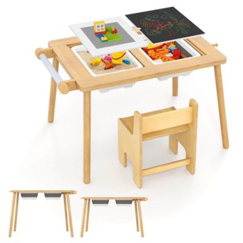 Costway Sensory Table & Chair Set for Kids 2-8 with Foldable Bins for Sand/Water & Paper White/Beige