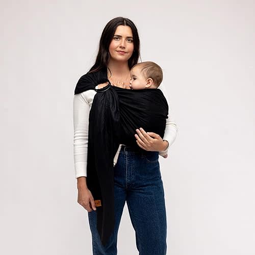 WildBird - Ring Sling Baby Carrier - 0-36 Months (up to 35 lbs) - Standard (74") Raven & Rose Gold Ring - Front, Hip or Back Carry - Adjustable Fit - Natural Linen - Baby Essentials - New Mom Gifts