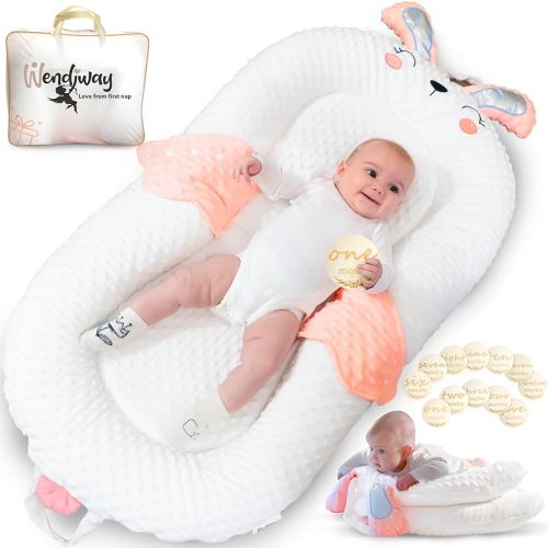 Baby Nest - Infant Support Pillow with Adjustable Side Panels, Portable Baby Lounger Alternative with 12 Wooden Milestone Circles for 0-12 Months - Pink