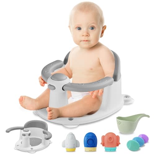 TOSGN Baby Bath Seat, Infant Bathtub Seats for Babies Sitting Up Aged 6-24 Months, 3 Baby Bath Brushes/ 3 Baby Bath Toys/Baby Bath Rinse Cup Included, Grey