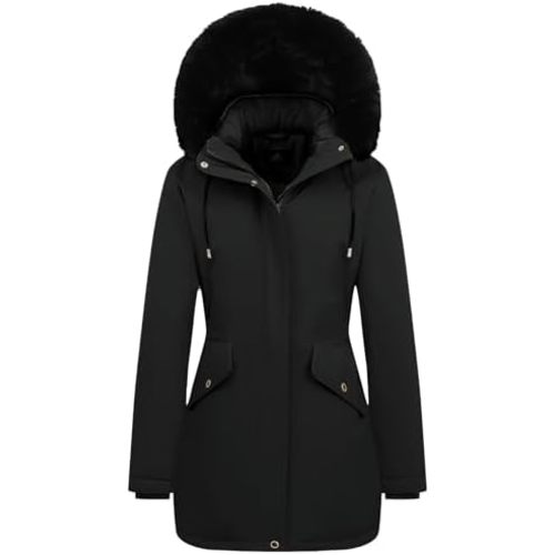 MOERDENG Women's Long Winter Down Coat Thicken Fleece Lined Parka Warm Puffer Jacket With Faux Fur Detachable Hood