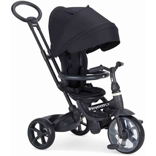 Joovy Tricycoo LX Premium Kids Tricycle with 8 Stages Featuring Chunky Front Tire, Removable and Adjustable Parent Handle, Machine-Washable Seat Pad, and Retractable Canopy, Black, 1 Count (Pack of 1)