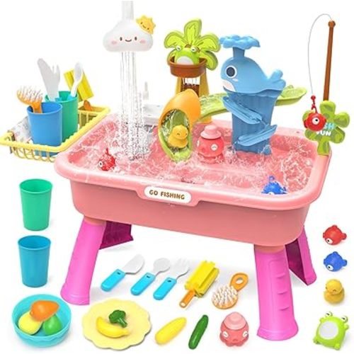 21" H Play Sink with Running Water, 4-in-1 Kids Kitchen Sink Toy with Electric Faucet, Mini Water Table with Detachable Legs, Fishing Game, Pretend Play Dishwasher Gift Set for Boys & Girls(Pink)