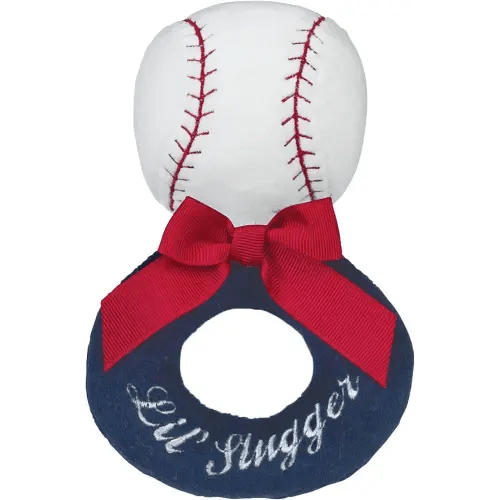 Bearington Baby Lil’ Slugger, 5.5 Inch Red, White and Blue Plush Stuffed Baby Baseball Soft Ring Rattle - Baseball Toys