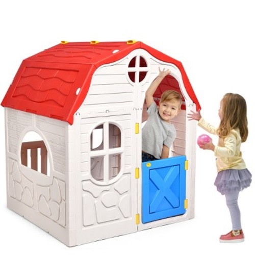 Costway Kids Cottage Playhouse Foldable Plastic Play House Indoor Outdoor Toy Portable