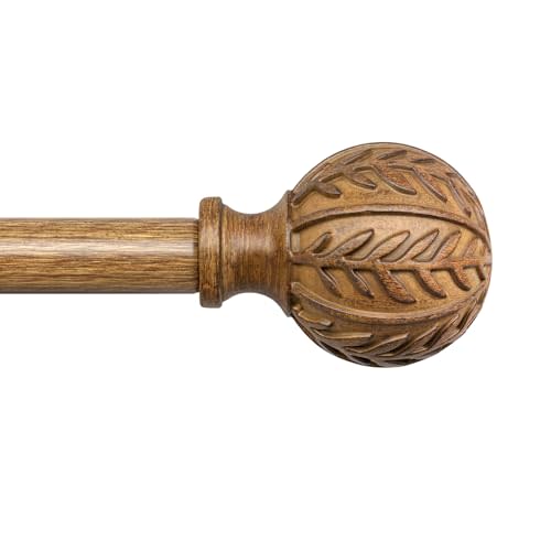 QDWIS Wood Curtain Rods for Windows 48 to 84 Inch, 1'' Adjustable Decorative Drapery Rods with Imitation Wood Grain Leaf Pattern Finials, Boho Heavy Duty Window Curtain Rods Set 36''-88''