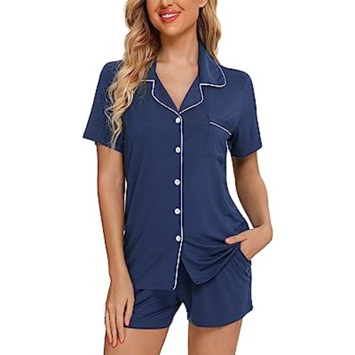 Pjmlifecoco Women Pajamas Set Soft Button Down Sleepwear Short Sleeve Pjs Set Loungewear with Pockets