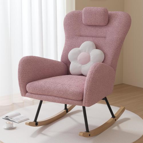 PAPROOS Modern Teddy Fabric Nursery Rocking Chair, Accent Rocker Chair with High Backrest for Nursery, Accent Glider Rocker for Living Room Bedroom Playroom, Pink