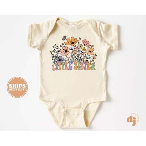 Lil Sister Baby Bodysuit - Boho Floral Pregnancy Announcement Bodysuit - Girls Natural Baby Bodysuit #5727