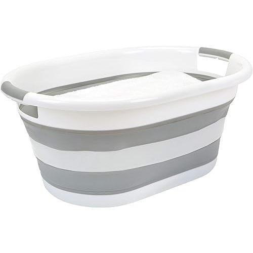 Simplify Collapsible Laundry Basket | Portable | Space Saver Storage | Hold 2 Loads | Store Under the Bed or Closet | Good for Kids | Dorm | Bedroom | Large | White/Grey