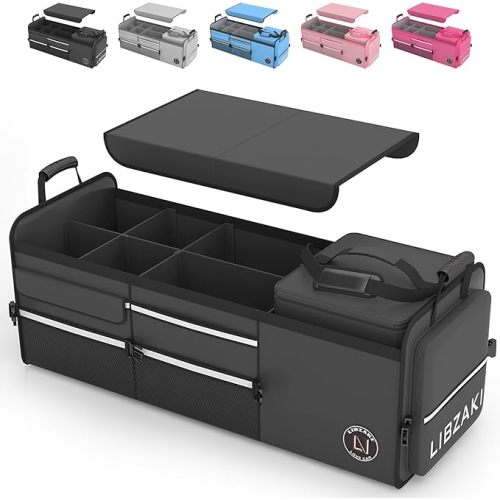 LIBZAKI Oversize 4 in 1 Car Trunk Storage Organizer, Multi Compartment Collapsible Trunk Storage Box with Cooler Bag for Car Truck SUV-Black