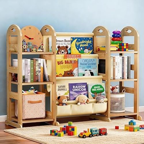 Kids Bookshelf and Toy Storage Organizer, Wood Book Shelf for Kids Rooms