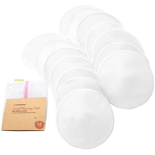 Organic Bamboo 3-Layers Nursing Breast Pads - 14 Washable Pads + Wash Bag - Breastfeeding Nipple Pad for Maternity - Reusable Nipplecovers for Breast Feeding (Soft White Lite, L 4.8") - 14pk-soft White Lite