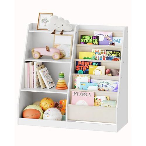 CHOEZON 4-Tier Kids Bookshelf and Toy Storage, 6 Layer Fabric Toddler Bookshelf, Kids Toy Storage Organizer, Sling Kids Bookcase, for Playroom, Bedroom, Nursery, Classroom, White MCW05WT