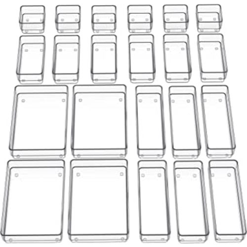 SMARTAKE 22-Piece Drawer Organizer with Non-Slip Silicone Pads, 4-Size Clear Desk Drawer Organizer Trays Storage Tray for Makeup, Jewelries, Utensils in Bedroom Dresser, Office and Kitchen, Clear