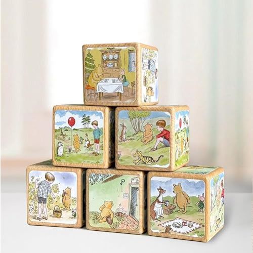 Winnie Wooden Blocks Baby Boy Girl Nursery Decor - Pooh Bear Decorations for Baby Shower Table Centerpiece 6Pcs Wood Blocks Kids Gifts Photo Prop