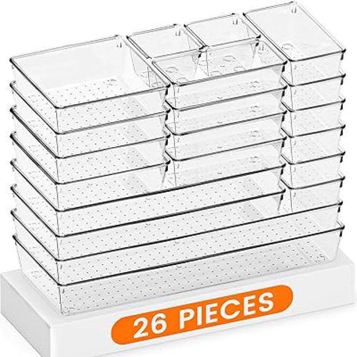 Criusia Drawer Organizer, 26 Pack Clear Plastic Drawer Organizer Bins, Versatile Organization and Storage Trays for Kitchen, Bathroom, Vanity Makeup and Office