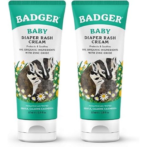 Badger Diaper Cream, 99% Organic Diaper Rash Cream for Baby, Zinc Oxide Ointment w/Soothing Calendula Cream for Sensitive Baby Skin, 2.9 fl oz, 2-Pack