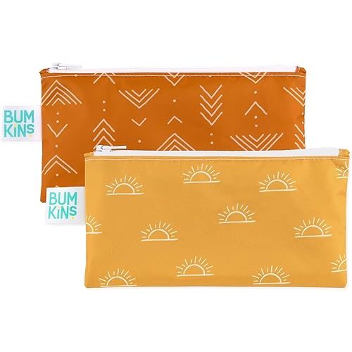 Bumkins Reusable Snack Bags, for Kids School Lunch and for Adults Portion, Washable Fabric, Waterproof Cloth Zip Bag, Supplies Travel Pouch, Food-Safe, 2-pk Desert Boho