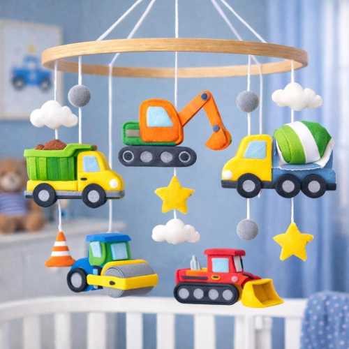 Construction Vehicle Baby Mobile, Felt Truck Crib Mobile, Excavator & Bulldozer Nursery Decor, Baby Boy Gift, Handmade Baby Mobile for Crib