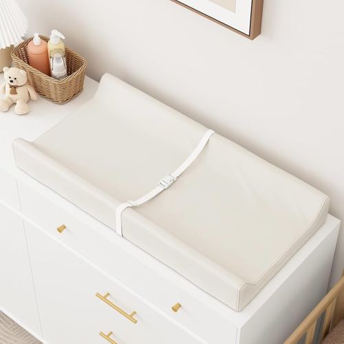 Wipeable Baby Changing Pad for Dresser and Table, Cozy Diaper Changing Pad with Waterproof & Wipe-Clean Leather Cover, Off-White