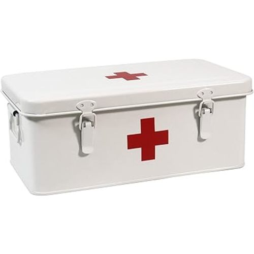 First Aid Medicine Box, First Aid Kit Supplies Bin, Metal Medicine Storage Tin, First Aid Empty Box with Safety Lock for Home Emergency Tool Set-White