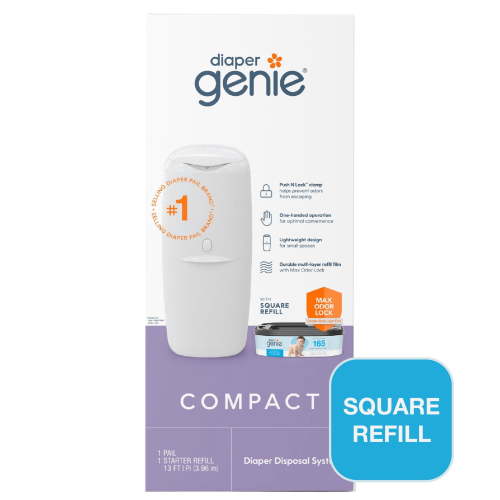 Diaper Genie Compact Pail White, Odor-Locking Clamp, Holds Up to 50 Diapers, 165 Count Refill